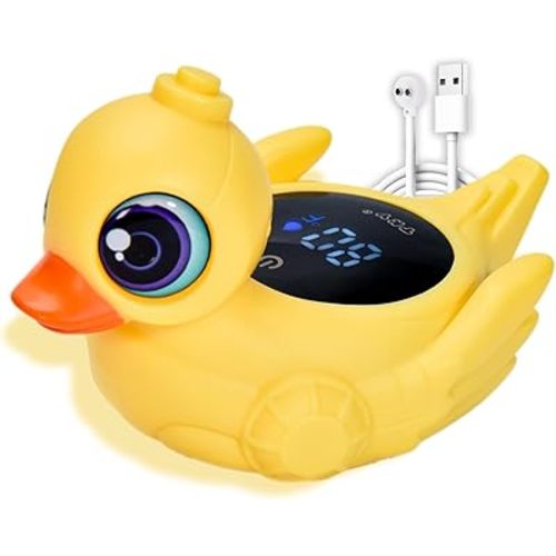 Big-Eye Duck Baby Bath Thermometer - Digital Water & Room Temp Monitor with LED Alerts, Floating Bath Safety Essential for Newborns, Infants, Toddlers (Rechargeable, IP67 Waterproof)