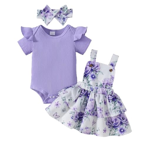 Baby Girl Clothes Cute Summer Outfits Short Sleeve Romper Adjustable Floral Overall Dress Headband 3PCS