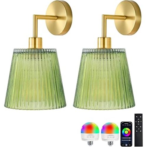 Vintage Battery Operated Wall Sconce Gold Wall Lamp with Remote Control & 12 Color Temperature,Wireless Wall Sconces Glass Battery Operated Wall Sconce for Bedroom Living Room