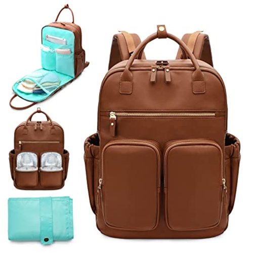 Diaper Bag Backpack, Leather Baby Bag with 18 Pockets, Diaper Backpack for Women Mom, Travel Baby Bag for Girl Boy, Large Wet Pocket, 4 Insulated Pockets, Stroller Straps, Brown