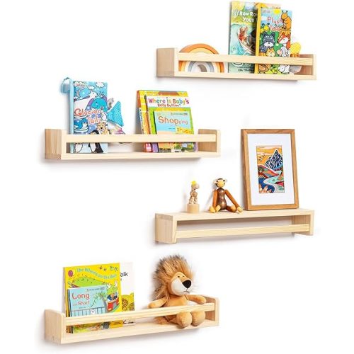 Fun Memories Nursery Book Shelves - Rustic Natural Solid Wood Floating Bookshelf for Kids - Wall Book Shelves for Kids Room (Natural, 24inch - 4P)