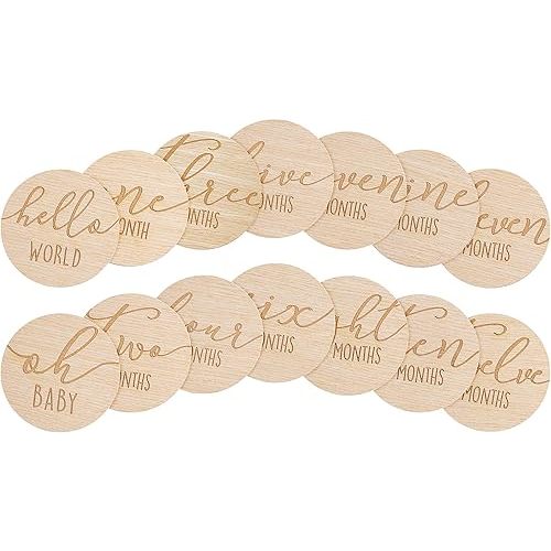 Pearhead Wooden Monthly Milestone Photo Cards - 7 Double-Sided Engraved Discs for Baby Announcement and Milestones, Holiday Baby Photos, Gender-Neutral Photo Props for Newborn Boy and Girl, Light Wood