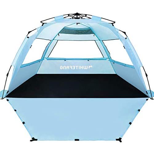 WhiteFang Deluxe XL Pop Up Beach Tent Sun Shade Shelter for 3-4 Person, UV Protection, Extendable Floor with 3 Ventilating Windows Plus Carrying Bag, Stakes, and Guy Lines