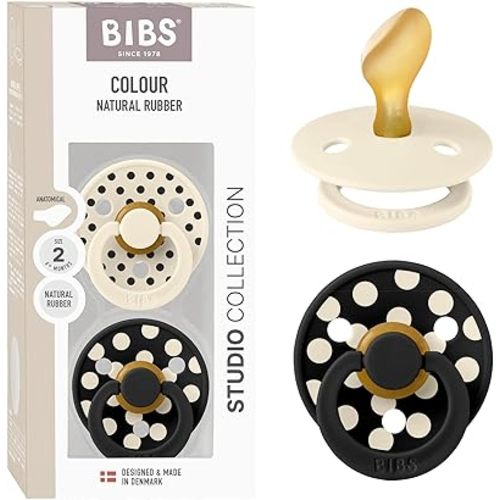BIBS Polka Dots Pacifier 2-Pack, BPA Free Pacifiers with a Anatomical Latex Nipple, Made in Scandinavia, Size 2 (6-18 Months), Ivory/Black