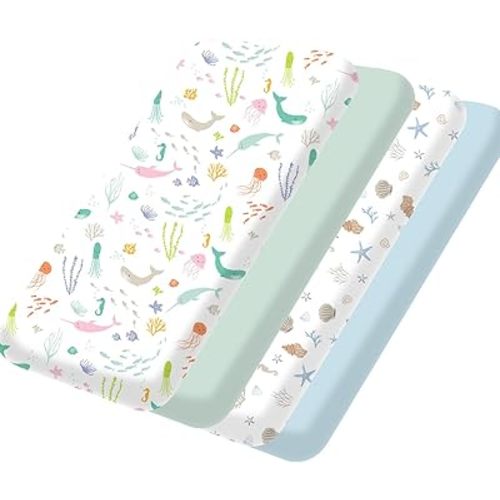 Bimocosy Mini Crib Sheets,Pack and Play Sheets for Baby Girl Boy 4 Pack,Size 38"x 26" for Playard Mattress,Portable Mini Crib,Soft Pack N Play Sheets Fitted,Ocean World/Shell/Blue/Green