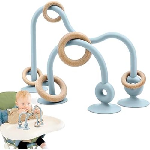 Baby Sensory Teething Chew High Chair Suction Toys for Infant Toddlers 6 12 18 24 Months, Food Grade Silicone Teether with Oak Loop Montessori Educational Parent-Child Baby Bath Toy (Blue)