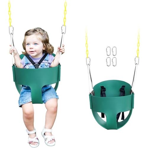 High Back Full Bucket Toddler Swing Seat with 3- Point Adjustable Safety Harness, 66 inch Detachable Chain,Suitable for Babies Aged 6-24 Months，Baby Swing for Swingset (Green)