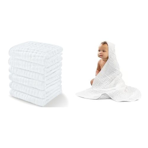 Comfy Cubs Baby Washcloths and Baby Hooded 9 Layer Muslin Cotton Towel for Kids Bundled