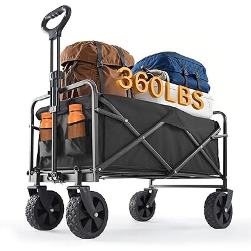 Sweetcrispy Foldable Wagon Cart, Collapsible Large Capacity Garden Cart with Wheels, Heavy Duty Utility Grocery Wagon with Drink Holders for Shopping Sports Camping