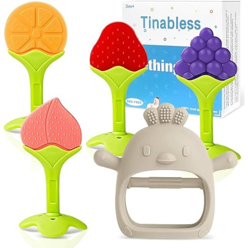 5 Packs Baby Teething Toys for Babies Over 3 Months, Food Grade Silicone Teething Mitten, Anti Dropping Wrist Hand Teethers Baby Chew Toys for Sucking Needs, BPA Free (Caramel)