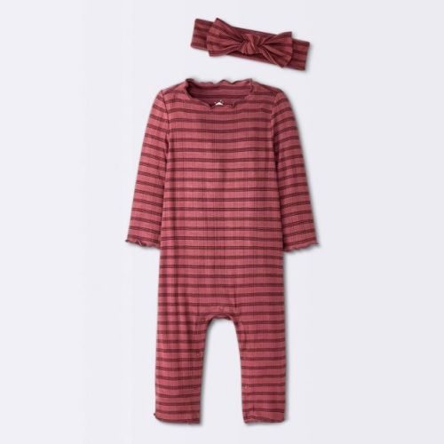 Baby Girls' Jacquard Checkered Romper & Headband - Cloud Island™ Burgundy 0-3M