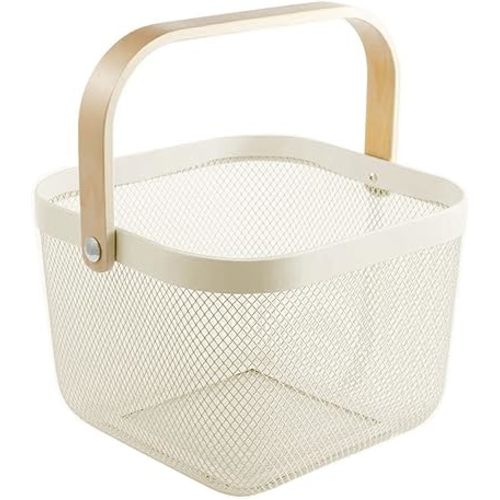 Metal Mesh Steel Basket, Storage Organizer Basket Multi-functional Hanging Kitchen Baskets Fruit Basket Bin with Bamboo Handle for Kitchen Bathroom Picnic Shopping Decor Cabinet Home, Beige