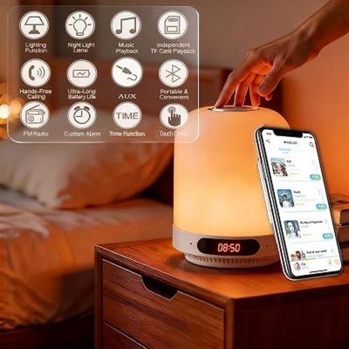 5-in-1 Bedside Speaker Night Light Bluetooth Alarm Clock with FM Radio,White Noise Machine for Sleeping,Touch Control Lamp with TF Card & APP Control for Bedroom HOM Office