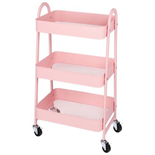 JOINSUN 3-Tier Plastic Rolling Utility Cart with Handle, Multi-Functional Storage Trolley for Office, Living Room, Kitchen, Movable Storage Organizer with Wheels, Pink