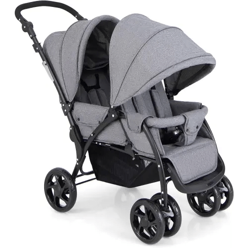 HONEY JOY Double Stroller, Foldable Lightweight Infant Twin Stroller with Tandem Seating, 5-Point Harness, Recline Seat, Storage Basket, Compact Baby Double Stroller Newborn and Toddler (Gray)
