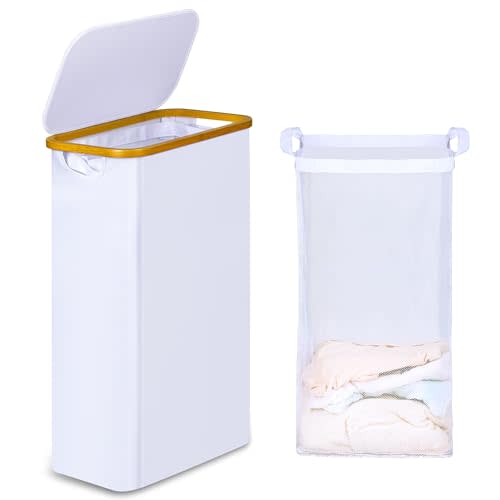 iEGrow Slim Laundry Hamper, Narrow Laundry Basket with Lid,Foldable Clothes Hamper with Bamboo Handles,Hamper Basket with Removable Inner Bag for Laundry Room Bedroom College Dorm,60L White