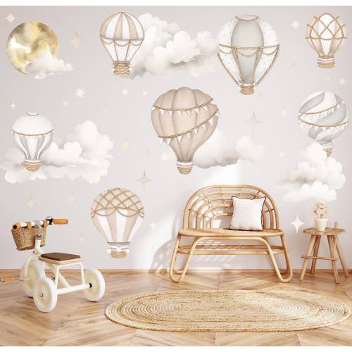 Hot Air Balloon Nursery Wall Decals, Baby Room Decor, Cloud and Moon Peel and Stick Gender Neutral Toddler Art, Pastel Watercolor Stickers
