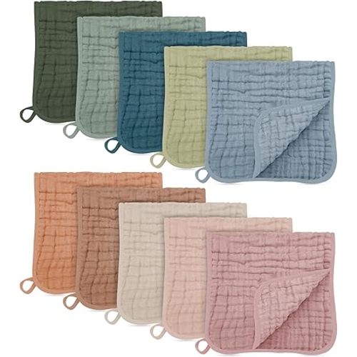 HIPHOP PANDA Muslin Burp Cloths, 10 Pack - Large 20" X10" - Ultra Absorbent and Soft 100% Cotton Baby Essentials Drool Rags and Messes for Newborn - ​Colorful Designs for Boy Girl, Multicolor