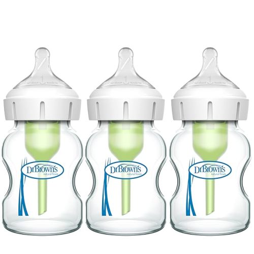 Dr. Brown's Natural Flow Anti-Colic Options+ Wide-Neck Glass Baby Bottles 5 oz/150 mL, with Level 1 Slow Flow Nipple, 3 Pack, 0m+