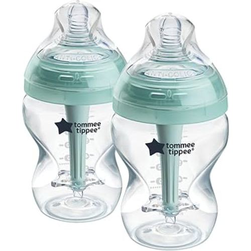 Tommee Tippee Advanced Anti-Colic 9 oz BPA Free Baby Bottles, Newborn 0+ Months, Slow Flow Breast-Like Nipple, Unique Design Keeps Air Away from Milk and Baby, Clear, Pack of 2