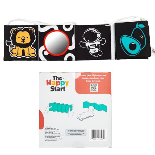 Happy Start High Contrast Baby Soft Book - Sensory Cloth Book for Newborns and Infants 0-12 Months with Mirror, Crinkle & Squeaker | Baby Tummy Time Toy, Crib, Stroller & Travel Developmental Toy