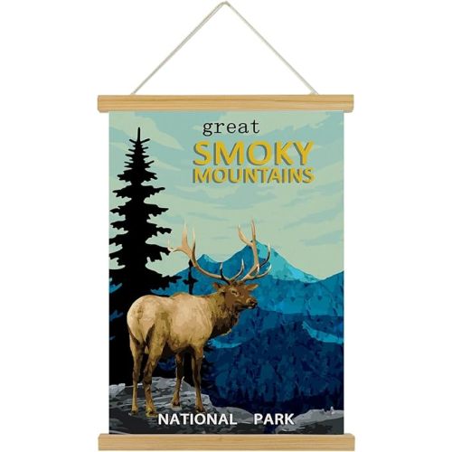 MIDEFINCH Vintage Great Smoky Mountains National Park Poster with Wooden Frame Wall Decor Retro National Park Patterns Printed on Linen Canvas Art for Bedroom Living Room Decor.(16 X 23 inches)