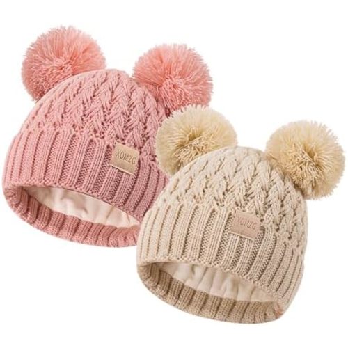 Toddler Winter Beanie Hat, Infant Winter Warm Knit Fleece Lined Cap for Girls Boys with Pom Pom for 0-3 Months 2 Packs