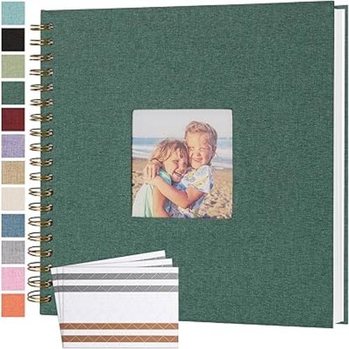 Scrapbook Photo Album 10x10 Inches 40 Pages Hardcover Kraft Paper Linen Cover Scrap Book Memory Book DIY Scrapbook Albums for Wedding Baby Boyfriend Travel Anniversary Family, Green