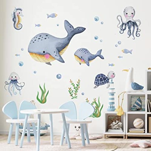 Under The Sea Whales Wall Decal Stickers, Coastal Ocean Hippocampus Octopus Turtle Fish Nursery Decoration Bedroom Bathroom Art, Marine Animal Beach Neutral Toddler Kids Baby Boys Room Decor