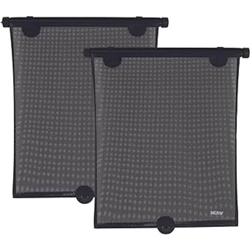 Nuby 14" Roller Vehicle Side Window Sun Protection Shade for Baby | 2 Pack | Pull Down with Suction Cups and Press Button Roll Up | Black