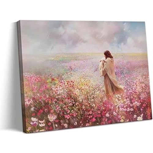Jesus Embraces Lamb Canvas Wall Art, Pink The Lost Lamb Christian Wall Decor Paintings, Jesus Leaves the 99 Sheep Bible Stories Posters Prints for Church Living Room Bedroom 12x16 Inch Framed