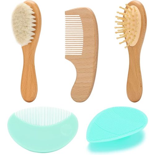 Goat Baby Hair Brush Set, Wooden Comb Massage Scalp Comb, Safe Natural Hair Care Kit, Soft Silicone Bath Brush for Newborns Toddlers (Brush Set+ Green Massager)