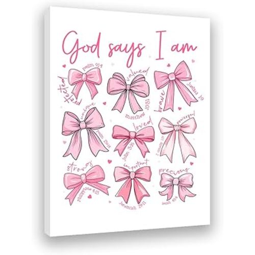Redland Art Pink Bow Wall Art Framed Canvas 11.5x15 Inches Coquette Christian Scripture Quotes for Pink Bedroom & Bathroom, Inspirational Gift for Teen Girls, Dorm Room Decor, Aesthetic Bow Picture