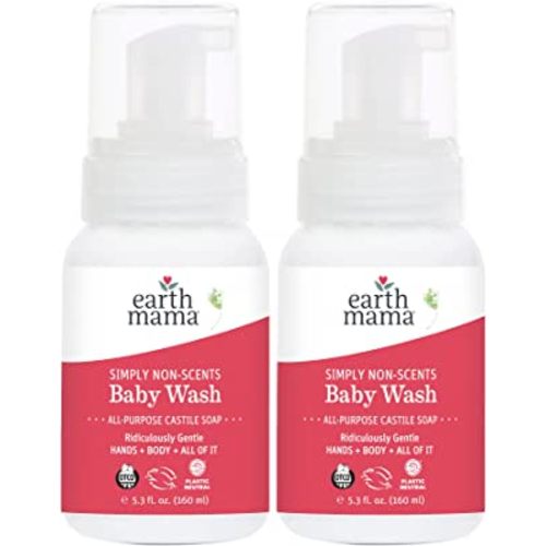 Earth Mama Simply Non-Scents Baby Wash Foaming Hand Soap Refill, Organic All-Purpose Body Wash for Sensitive Skin, Castile Soap with Coconut Oil, Shea Butter, Calendula, & Aloe, 5.3floz 2-Pk