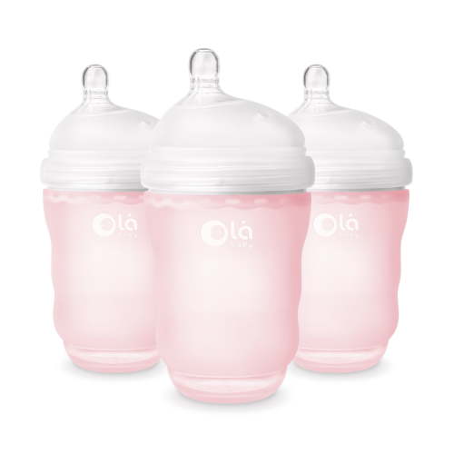 Olababy Gentle Silicone Baby Bottle, Anti-Colic, BPA free, Easy to Clean and Wide Neck Baby Bottles Best for Breast Feeding Babies (8 Ounce 3PK, Rose)
