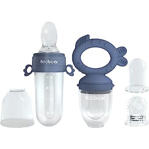 Freebear Baby Fruit Feeder Pacifer, Baby Teething Toys, Silicone , Infants Teether, Baby Food Feeding Supplies for First Stage (2 in 1, Dark Blue)