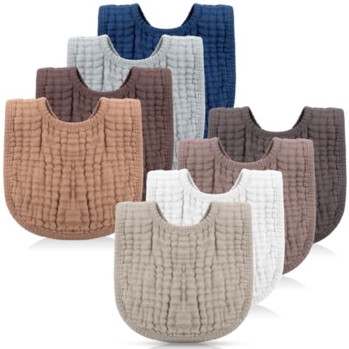 Frienda 8 Pcs Muslin Baby Bibs Cotton Bandana Drool Bibs Bulk for Newborn Infant 6 Absorbent Layers Feeding Accessory(Rustic Colors)