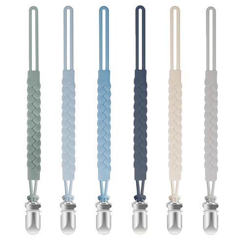 TenderBabe Silicone Pacifier Clip for Baby Boys and Girls, Pack of 6 Soft Flexible Paci Binky Clips with One-Piece Braided-Style Design,BPA-Free Newborn Essentials