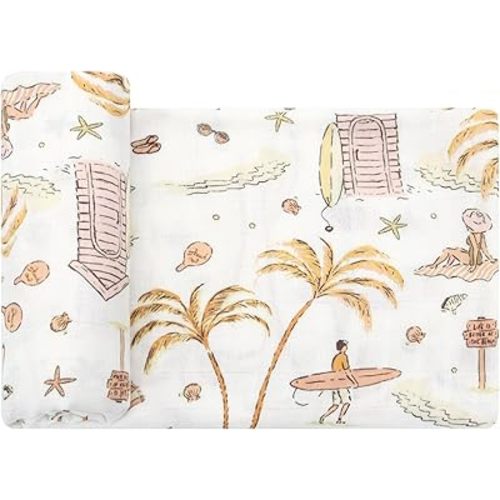 LifeTree Baby Swaddle Blanket, 70% Viscose from Bamboo and 30% Cotton Muslin Swaddles Blankets Boys Girls, Swaddling Blanket Neutral for Newborn, Super Soft Large 47" x 47", Yellow Sand Beach