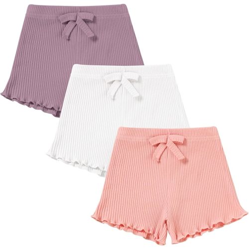 3 Pack Baby Toddler Girl Shorts Ribbed Infant Girls Solid Color Soft Elastic Bow Waist Ruffle Summer Casual Shorts