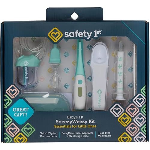 Safety 1st Baby’s 1st SneezyWeezy Kit, BoogEase Nasal Aspirator, 3-in-1 Digital Thermometer, Fuss Free Medspoon, Infant Healthcare Set, Easy-Clean Snot Sucker, Medicine Feeding Spoon
