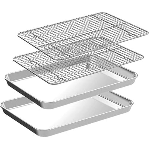Quarter Sheet Pan with Cooling Rack Set [2 Baking Sheets + 2 Baking Racks], CEKEE Stainless Steel Cookie Sheets for Baking and Wire Rack - Rust & Warp Resistant & Nonstick, Size 12 x 9.8 x 1 Inch