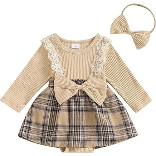 Newborn Baby Girl Outfits Infant Long Sleeve Plaid Print Romper Dress with Headband Set Infant Fall Winter Clothes