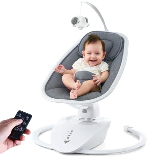 VaVaSoo Baby Swings for Infants Electric Multi Motion Automatic Newborn Rocker 0-6 Month 5 Motions 4 Speeds Indoor with Remote Control, 4 Timer, 90°Rotation, Light Gray