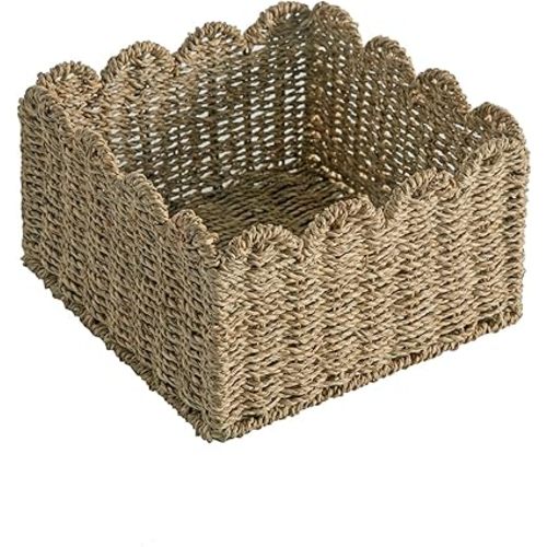 Scalloped Basket, Wicker Storage Baskets, Hand Woven Baskets for Shelves,Natural Baskets for Organizing (Seagrass(S-9.5" L x 9.5" W x 5.5" H))