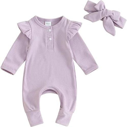 Newborn Baby Girls Clothes Infant Ruffle Knit Romper Long Sleeve Ribbed Bodysuit Onesie Jumpsuit Headband Coming Home Outfit