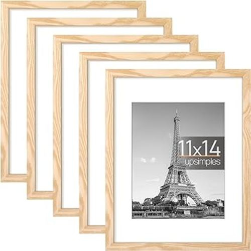 upsimples 11x14 Picture Frame Set of 5, Display Pictures 8x10 with Mat or 11x14 Without Mat, Wall Gallery Photo Frames, Natural