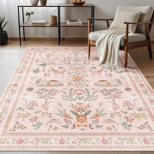 Pink Rug 5x7, Washable Boho Floral Botanical Animal Area Rug with Non Slip Backing Design,Indoor Soft Low Pile Carpet for Bedroom, Living Room, Dining Room, Farmhouse, Playroom