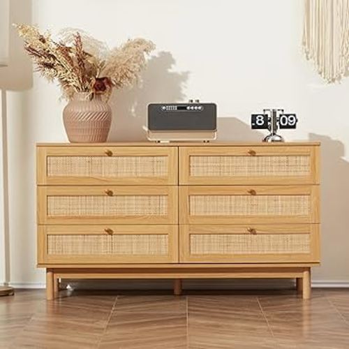 DHMAKER 6 Drawer Rattan Dresser for Bedroom, 48'' Modern Wooden Chest of Dressers with Spacious Storage, Beside Table for Closet, Entryway, Bedroom, Hallway, Living Room