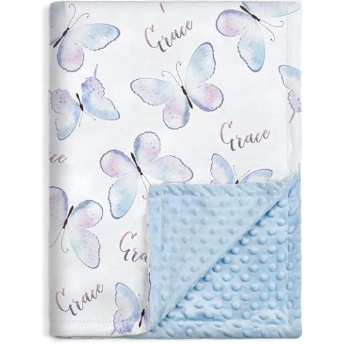 Baby Blanket for Boys Girls Soft Plush Double Layer Minky Fabric with Dotted Backing, Elegant Blue Butterfly Design Grace Blanket Baby Gift for Toddler Newborn Infant 30 x 40 Inch(75x100cm)